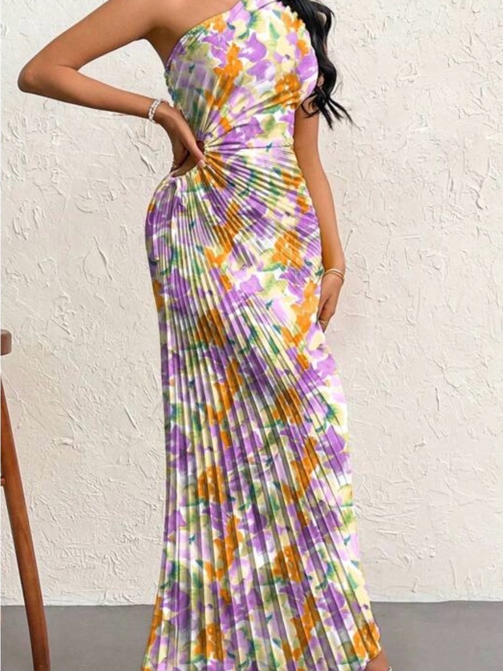 One-Shoulder Floral Pleated Maxi Dress in Purple & Orange
